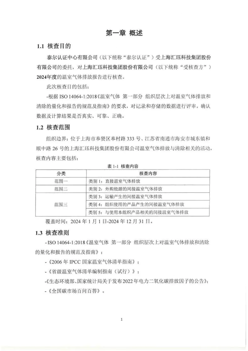 2024年度汇珏科技集团温室气体核查声明及对应报告信息披露